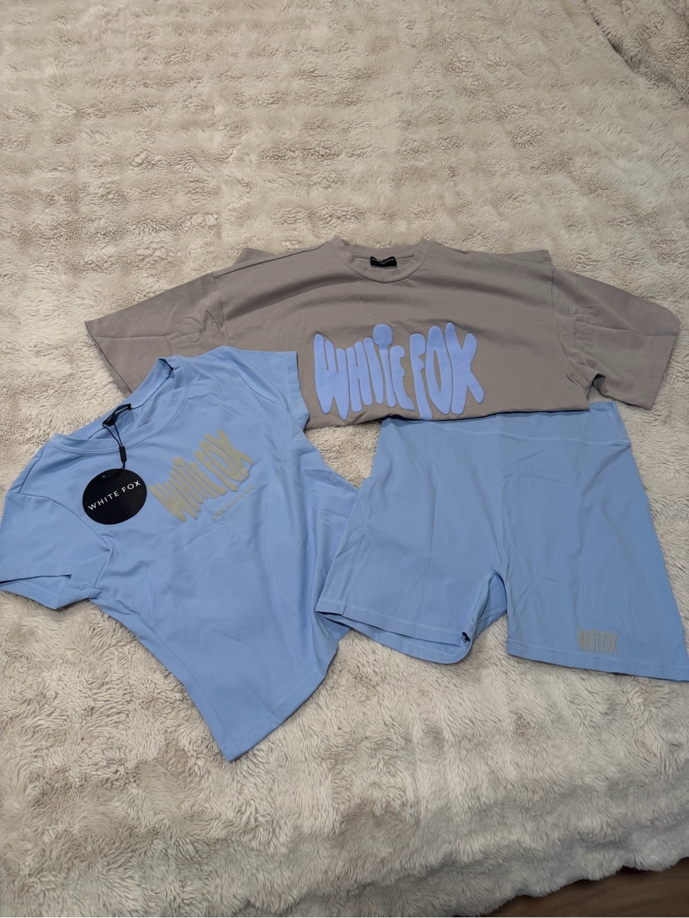 White fox bundle bike shorts, baby doll tee and oversized tee